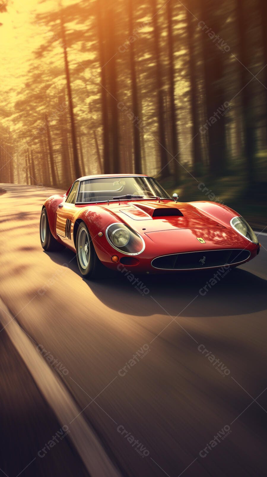 Ferrari vermelha em estrada florestal