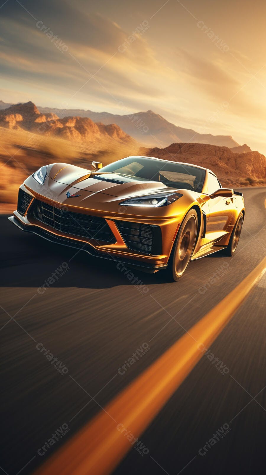Chevrolet Corvette Dourado em Estrada Desértica