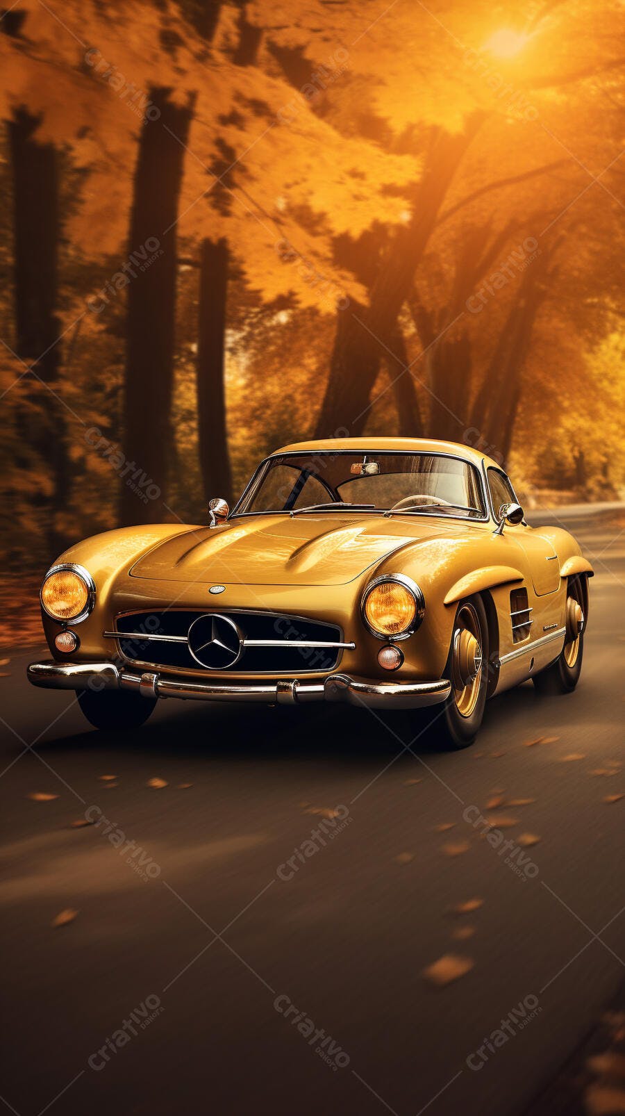 Mercedes-Benz 300SL dourada em estrada de outono