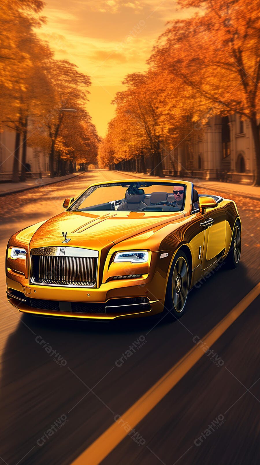 Rolls Royce dourado em rua de outono