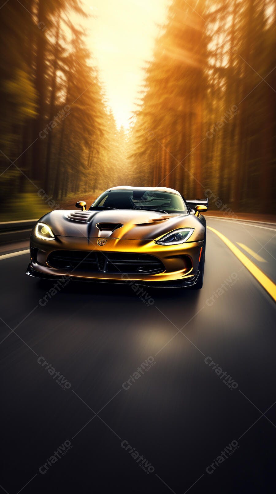 Dodge Viper dourada em estrada florestal