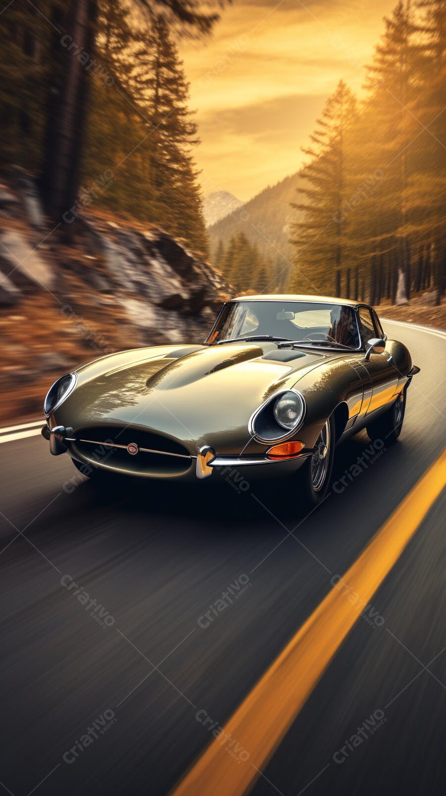 Jaguar clássico em estrada montanhosa ao pôr do sol