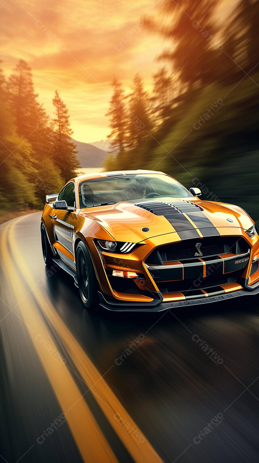 Mustang Shelby GT500 dourado em estrada