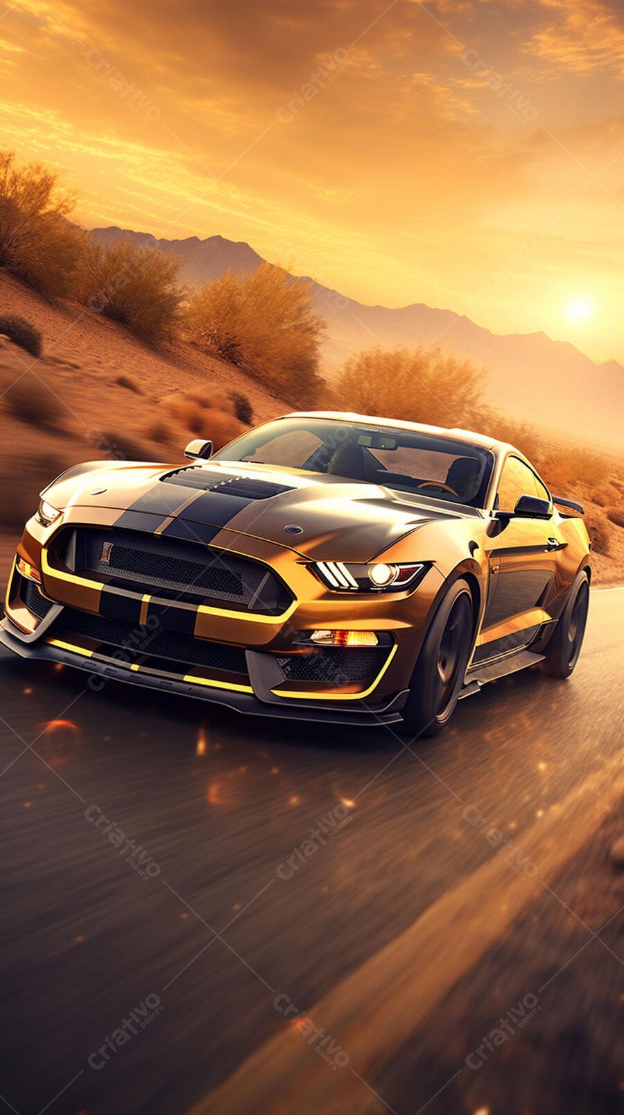 Ford Mustang Shelby GT500 dourado no deserto ao pôr do sol