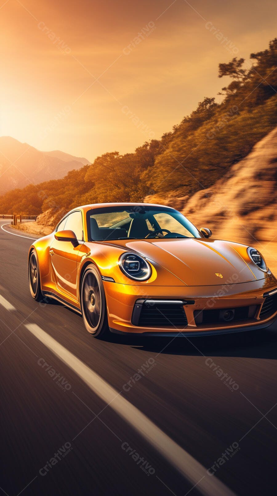 Porsche dourada em estrada ao pôr do sol