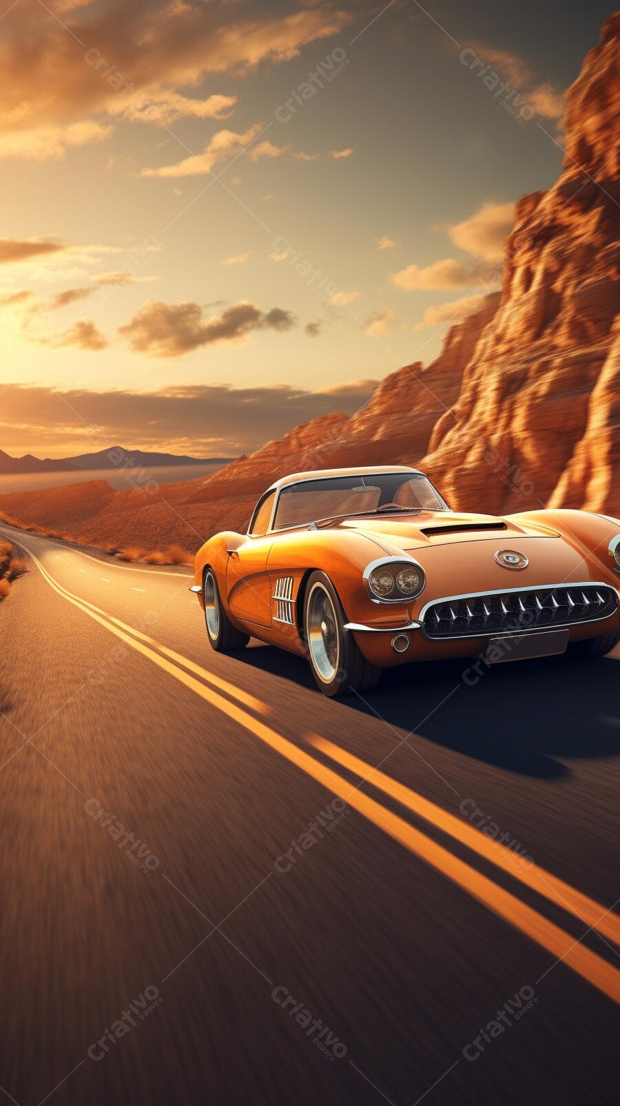 Chevrolet Corvette clássico em estrada desértica ao pôr do sol