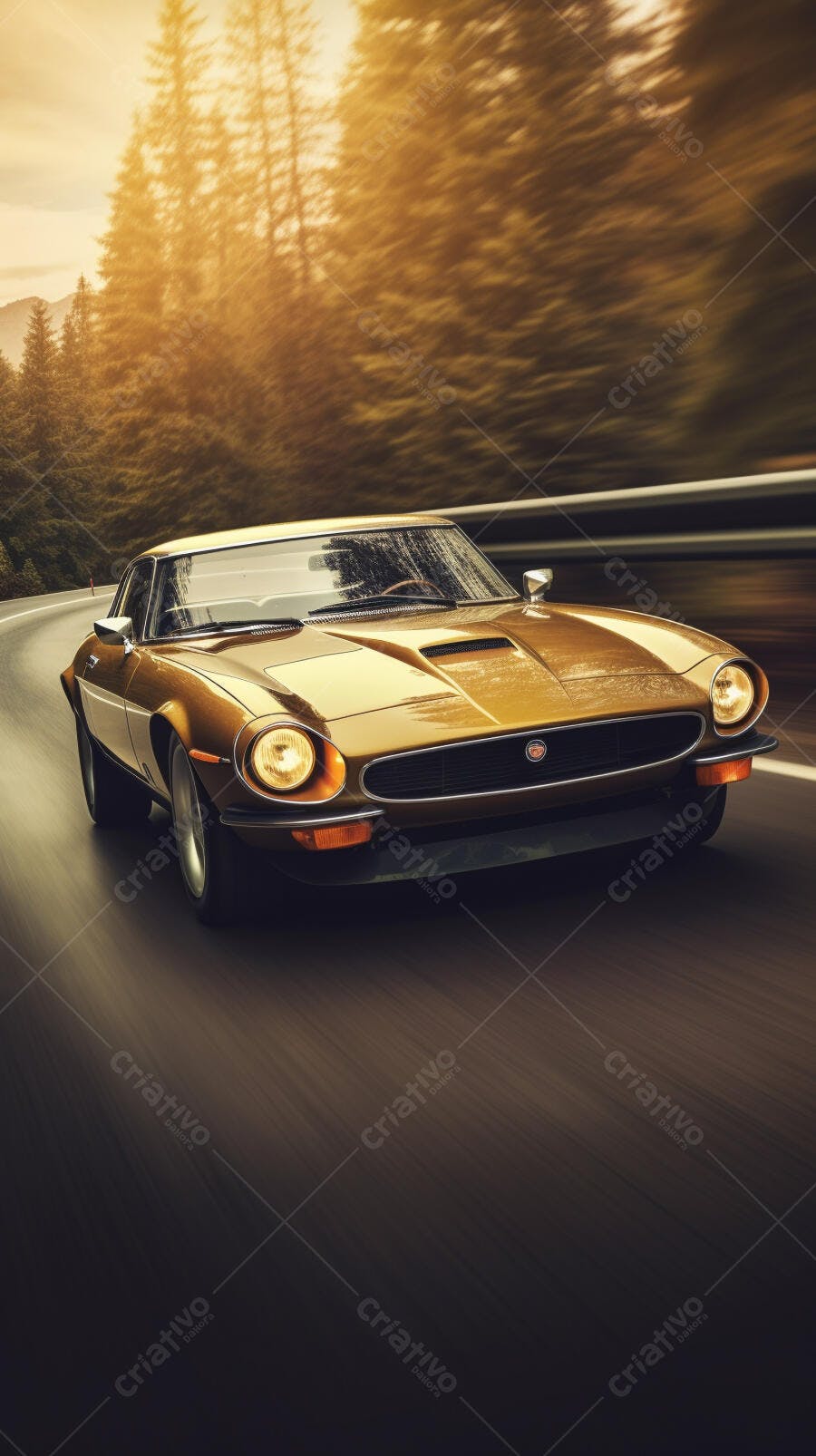 Carro dourado clássico em estrada montanhosa