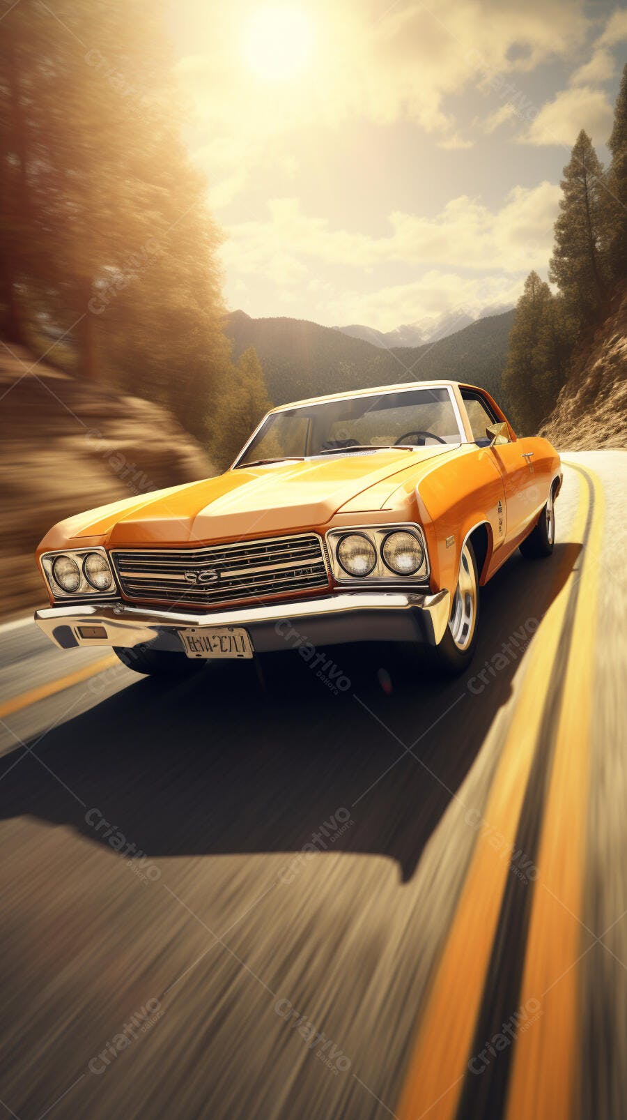 Chevrolet clássico laranja em estrada de montanha