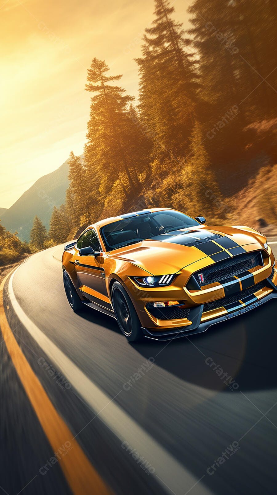 Mustang dourado em estrada montanhosa ao pôr do sol