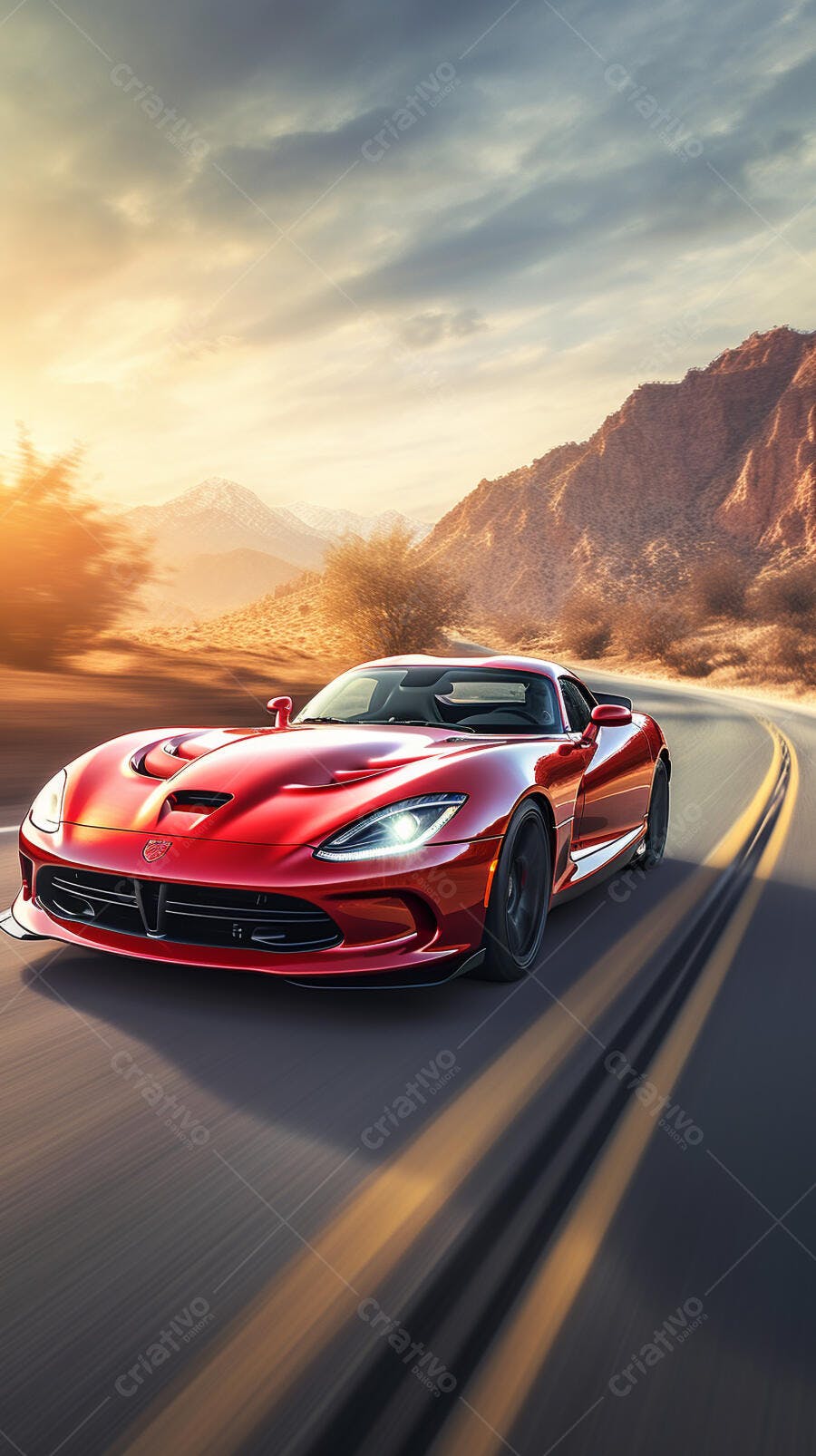 Dodge Viper vermelha em estrada de montanha ao entardecer