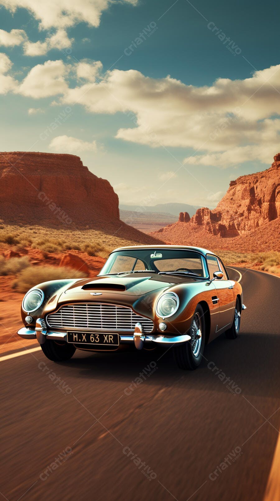 Aston Martin DB5 em estrada desértica