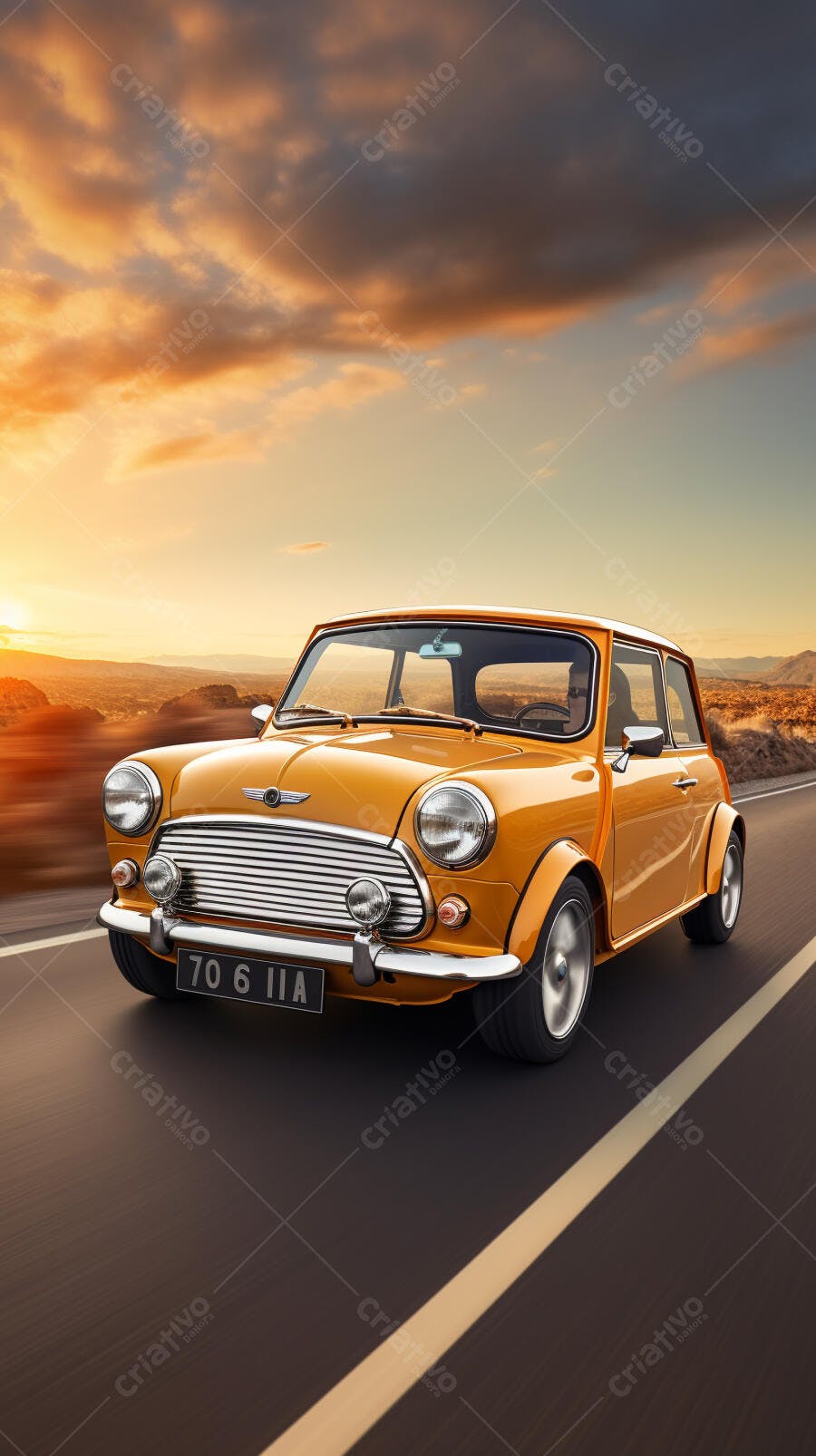 Mini Cooper amarelo em estrada ao pôr do sol