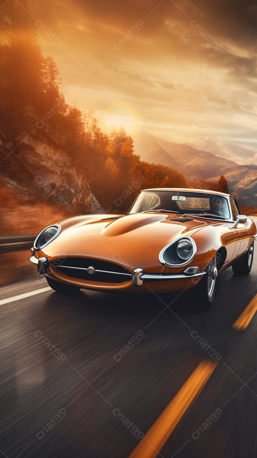 Jaguar E-Type laranja em estrada de montanha ao pôr do sol