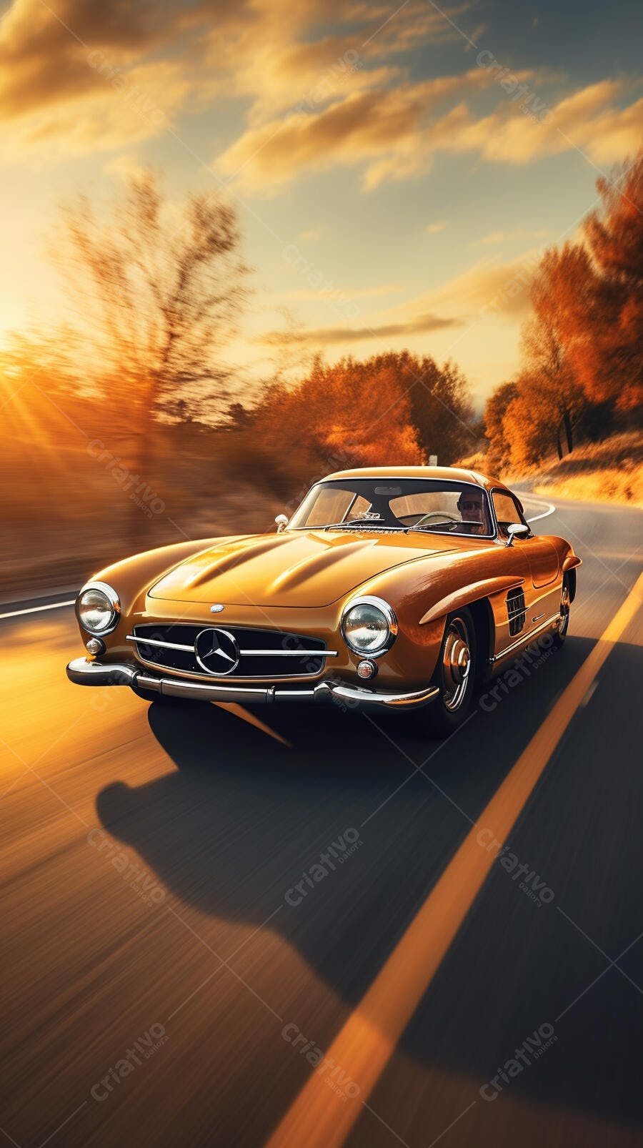 Mercedes-Benz 300 SL Gullwing em estrada no outono