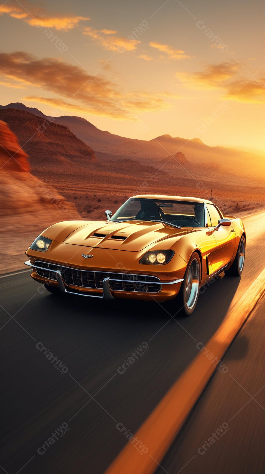 Chevrolet Corvette dourado no deserto ao pôr do sol