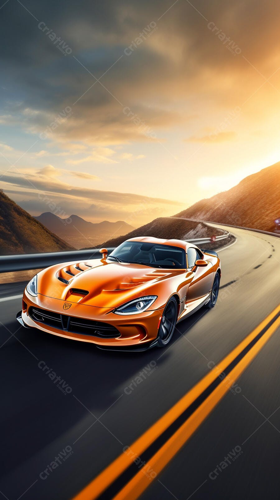 Dodge Viper laranja em estrada de montanha ao pôr do sol