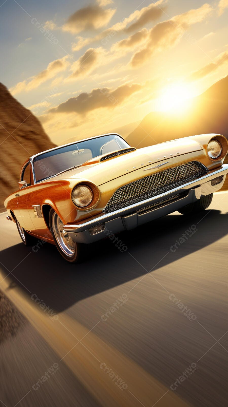 Clássico Ford Thunderbird dourado ao pôr do sol