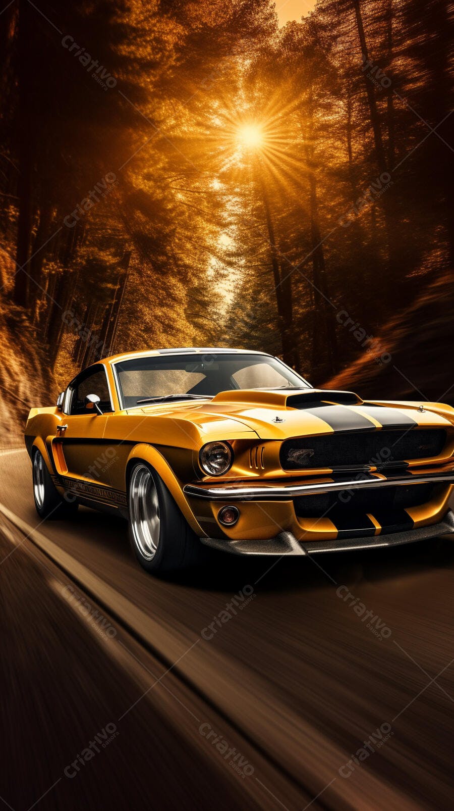 Mustang dourado em estrada florestal ao pôr do sol