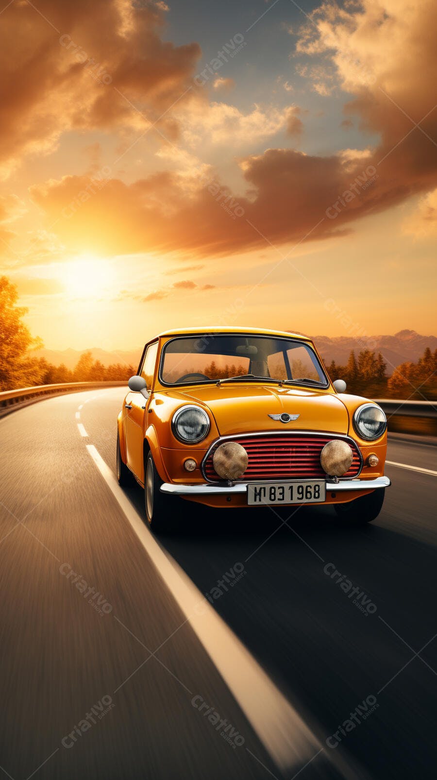 Mini Cooper Amarela em Estrada ao Pôr do Sol