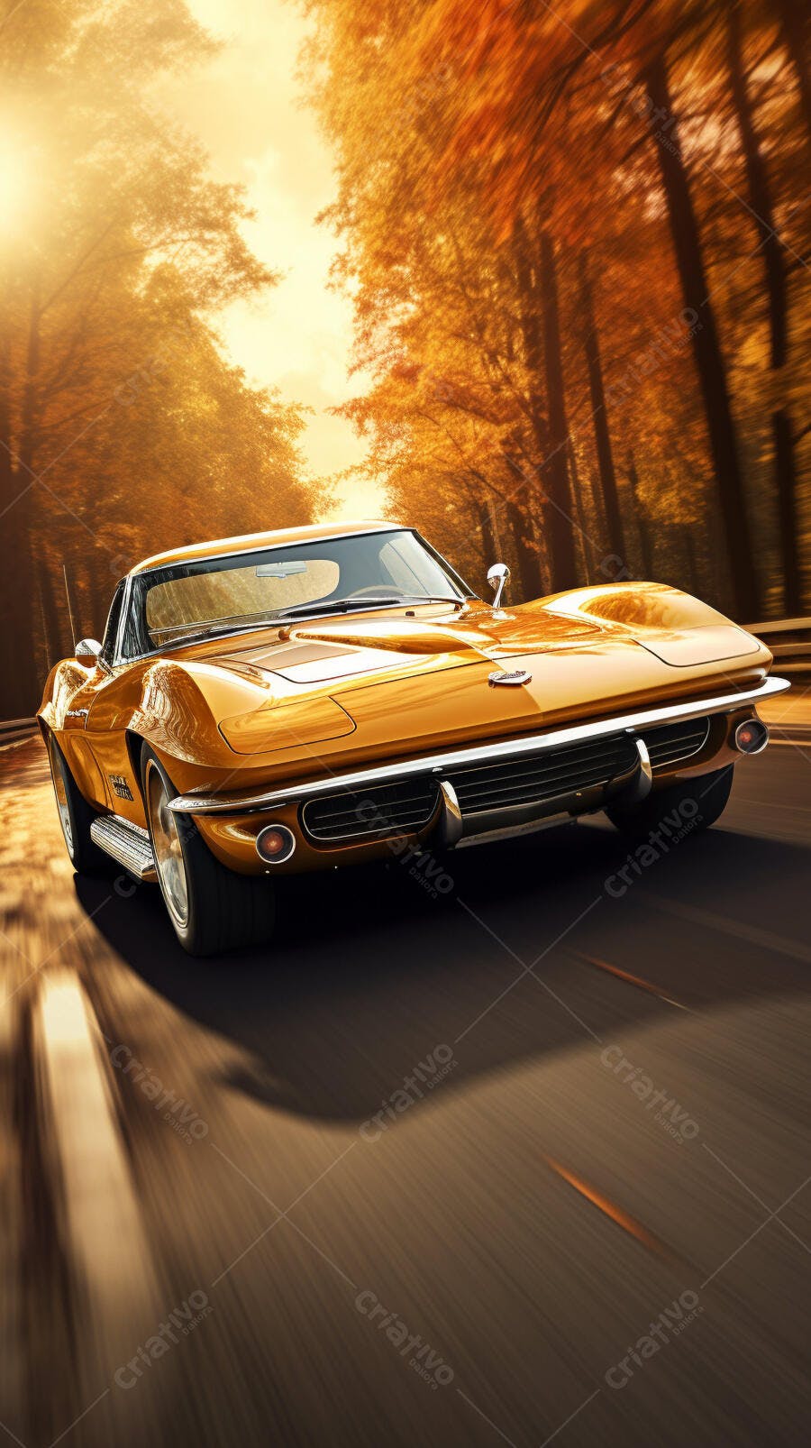 Chevrolet Corvette dourado em estrada de outono
