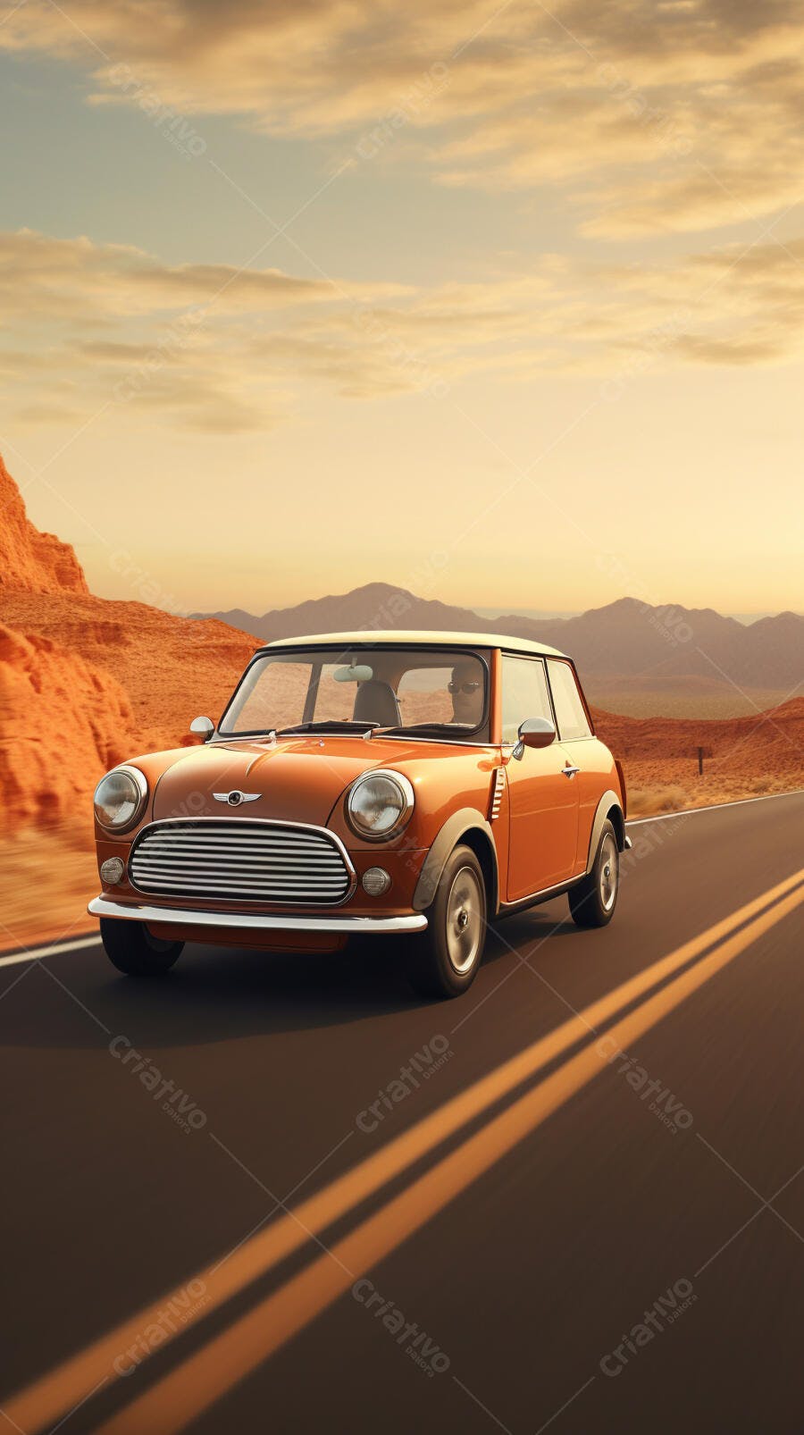 Mini Cooper clássico em estrada desértica ao pôr do sol