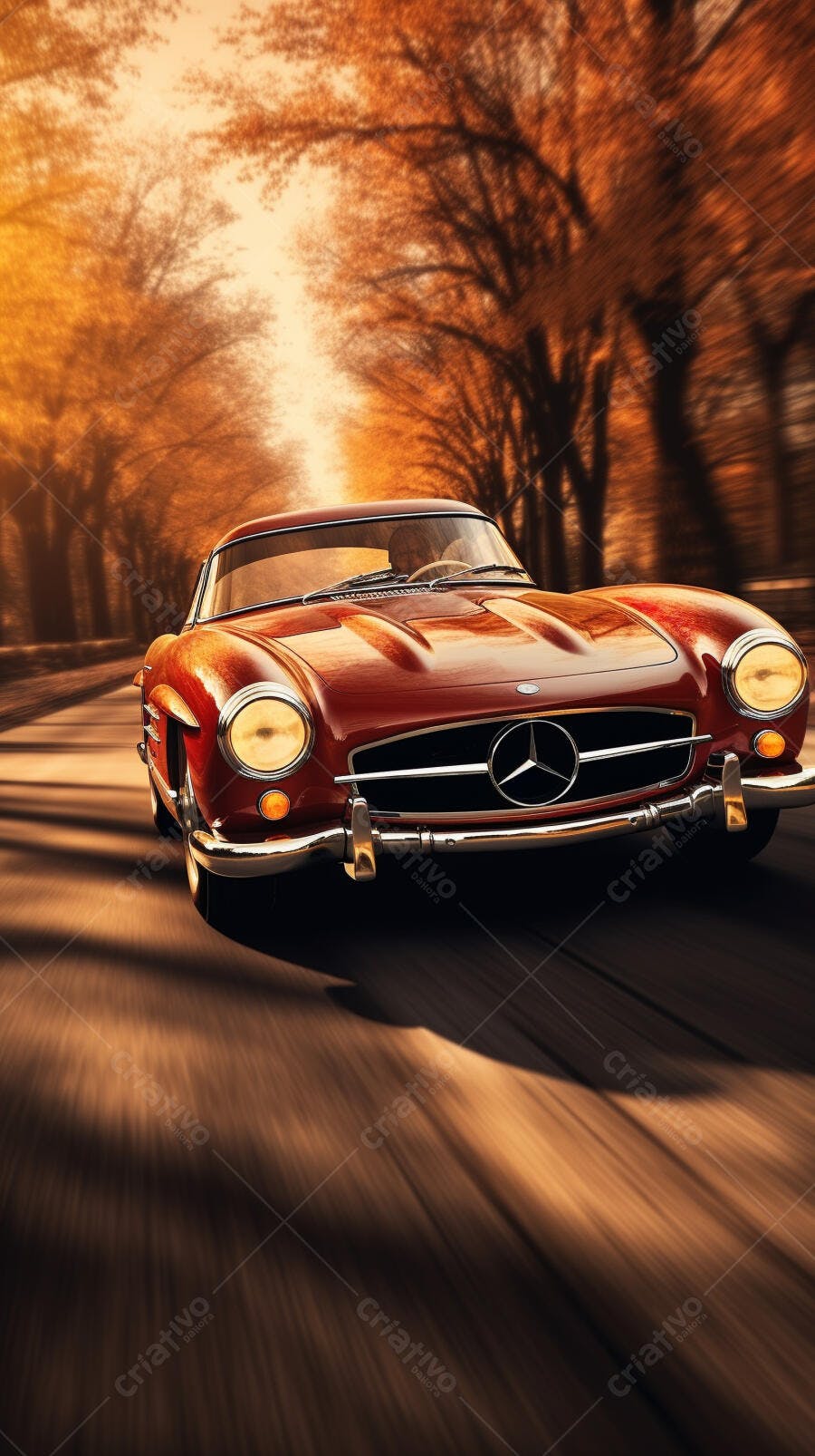 Mercedes-Benz 300 SL rodando em estrada outono