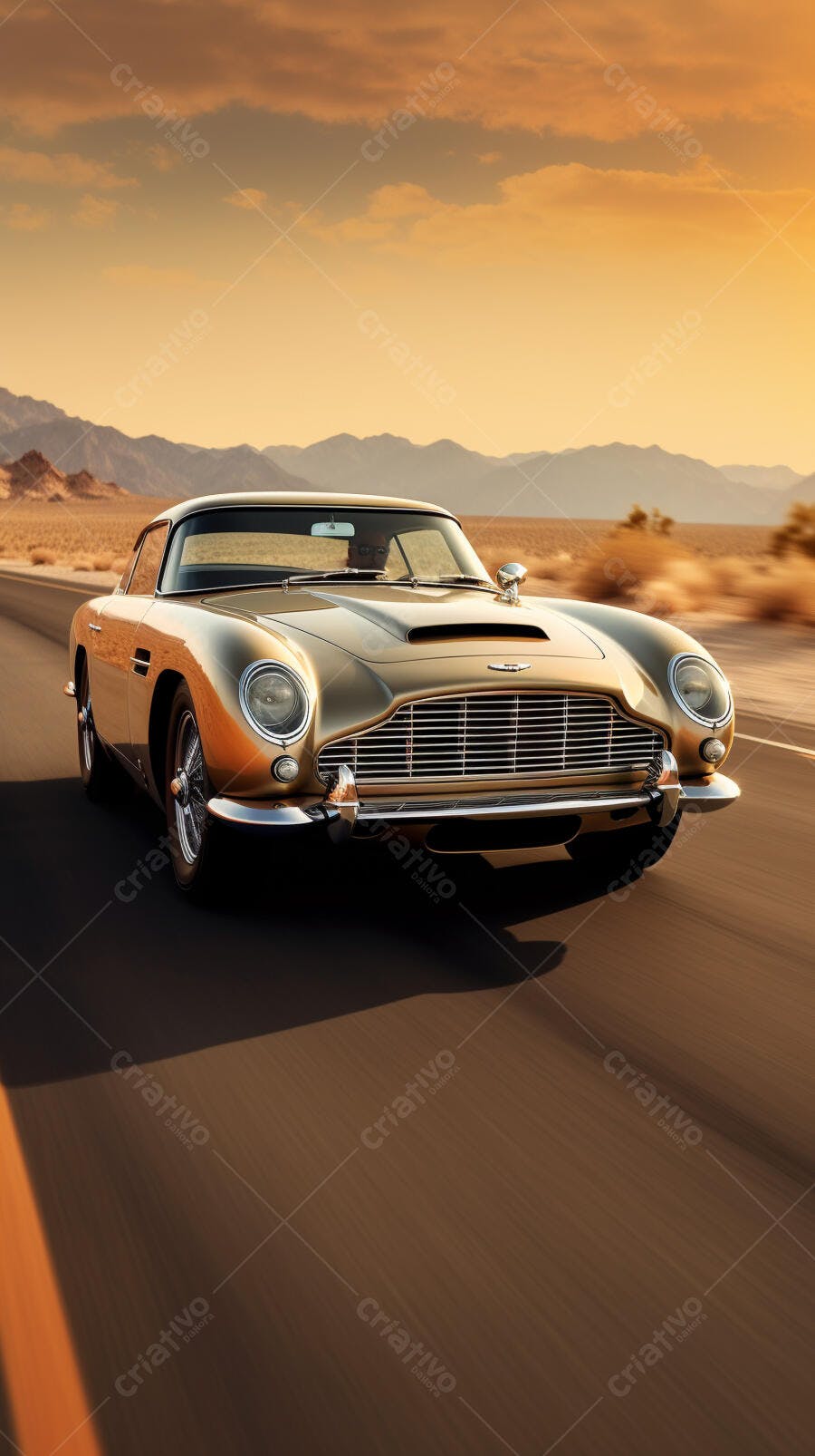 Aston Martin DB5 dourada em estrada desértica