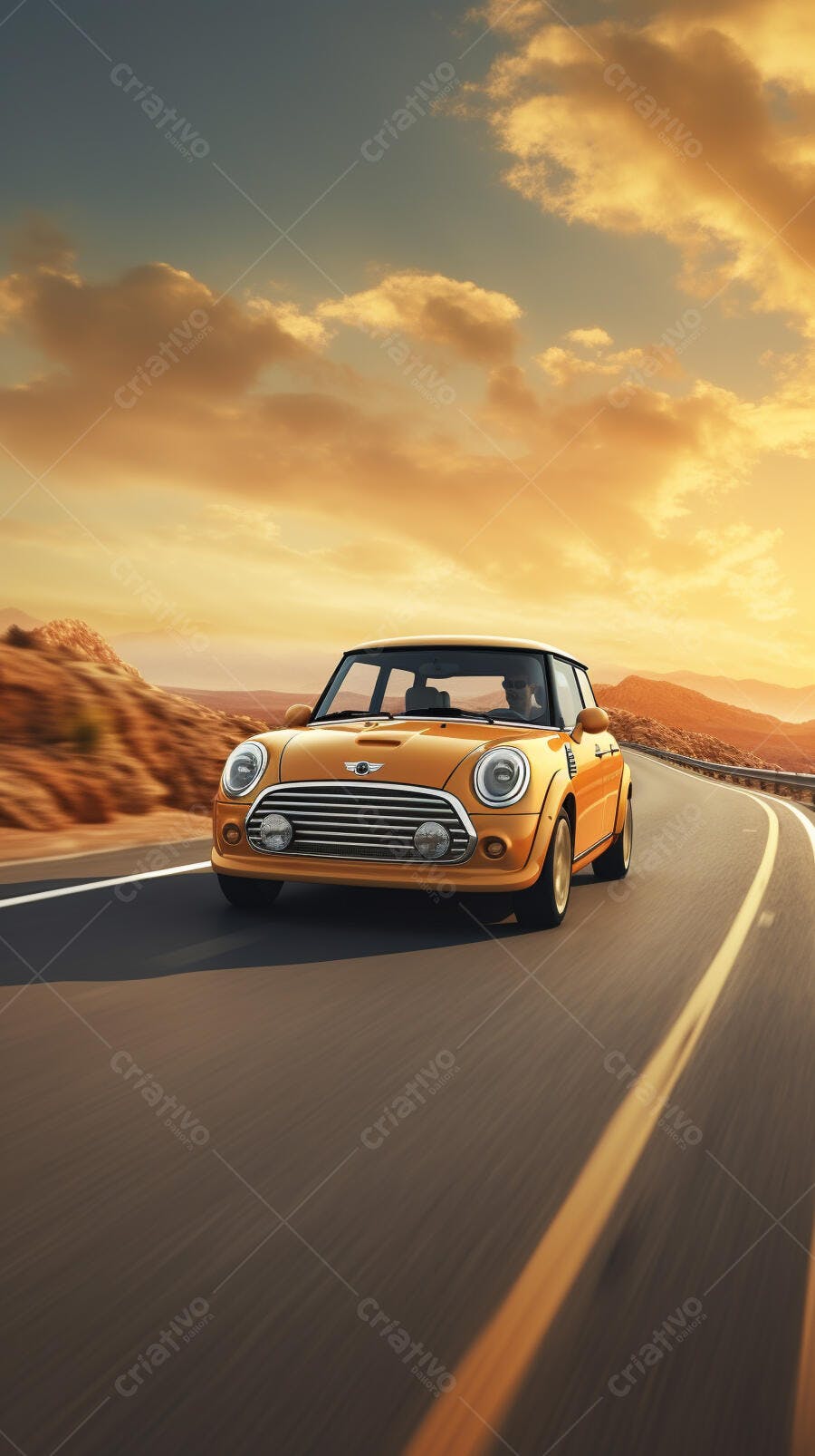 Mini Cooper Amarela em Estrada Desértica ao Pôr do Sol