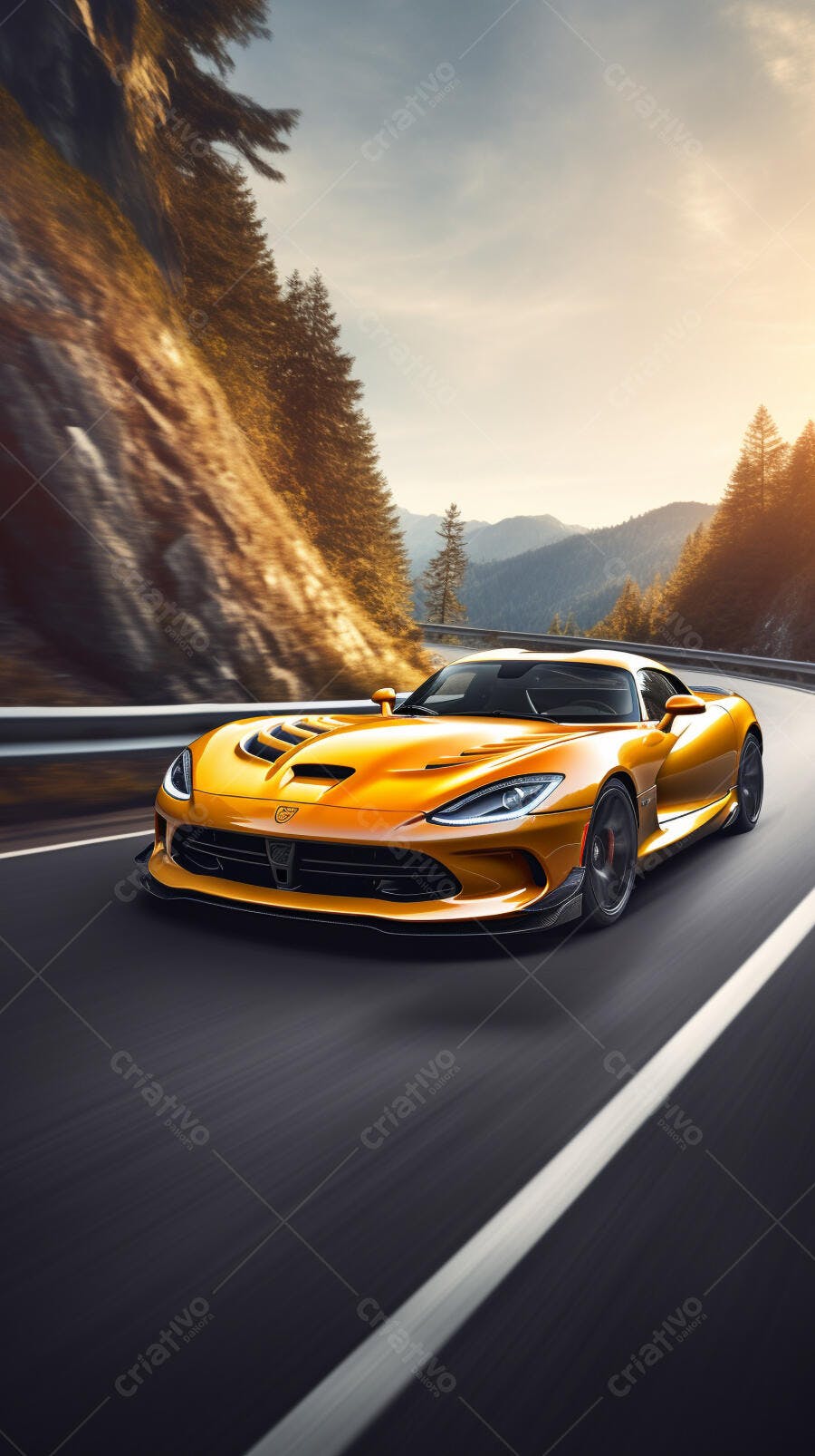 Dodge Viper amarela em estrada montanhosa