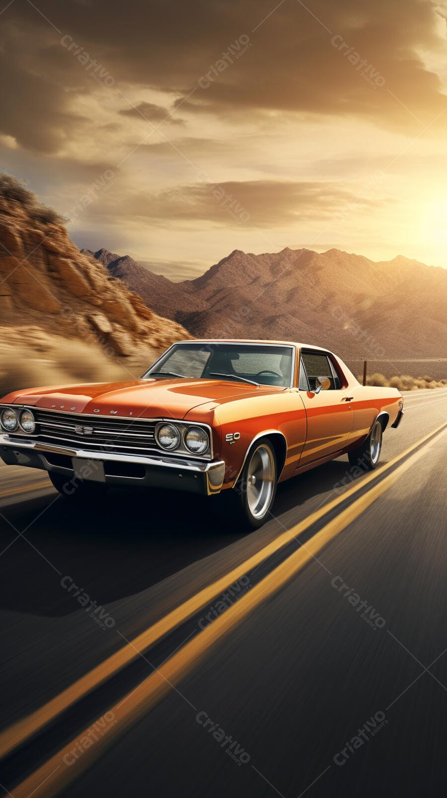Muscle Car Laranja em Estrada Desértica