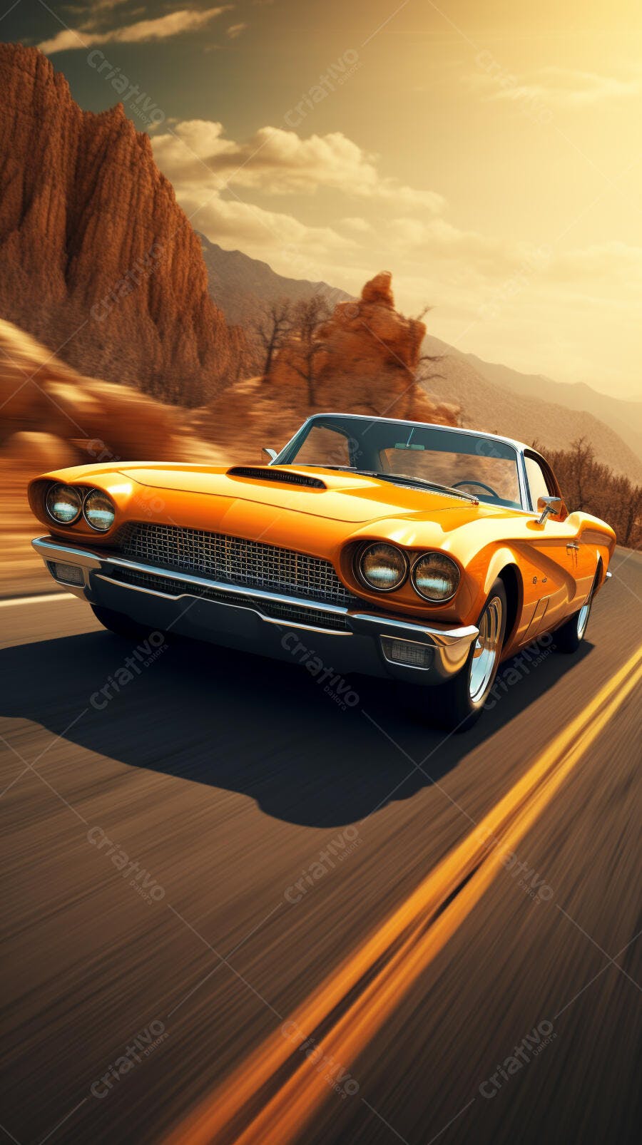 Ford Thunderbird laranja em estrada desértica
