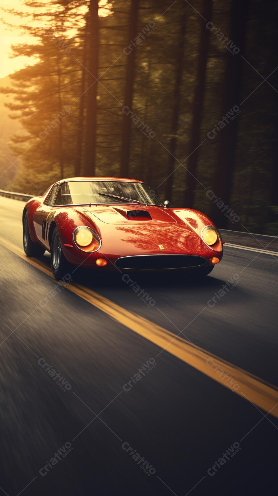 Ferrari vermelha em estrada florestal ao entardecer