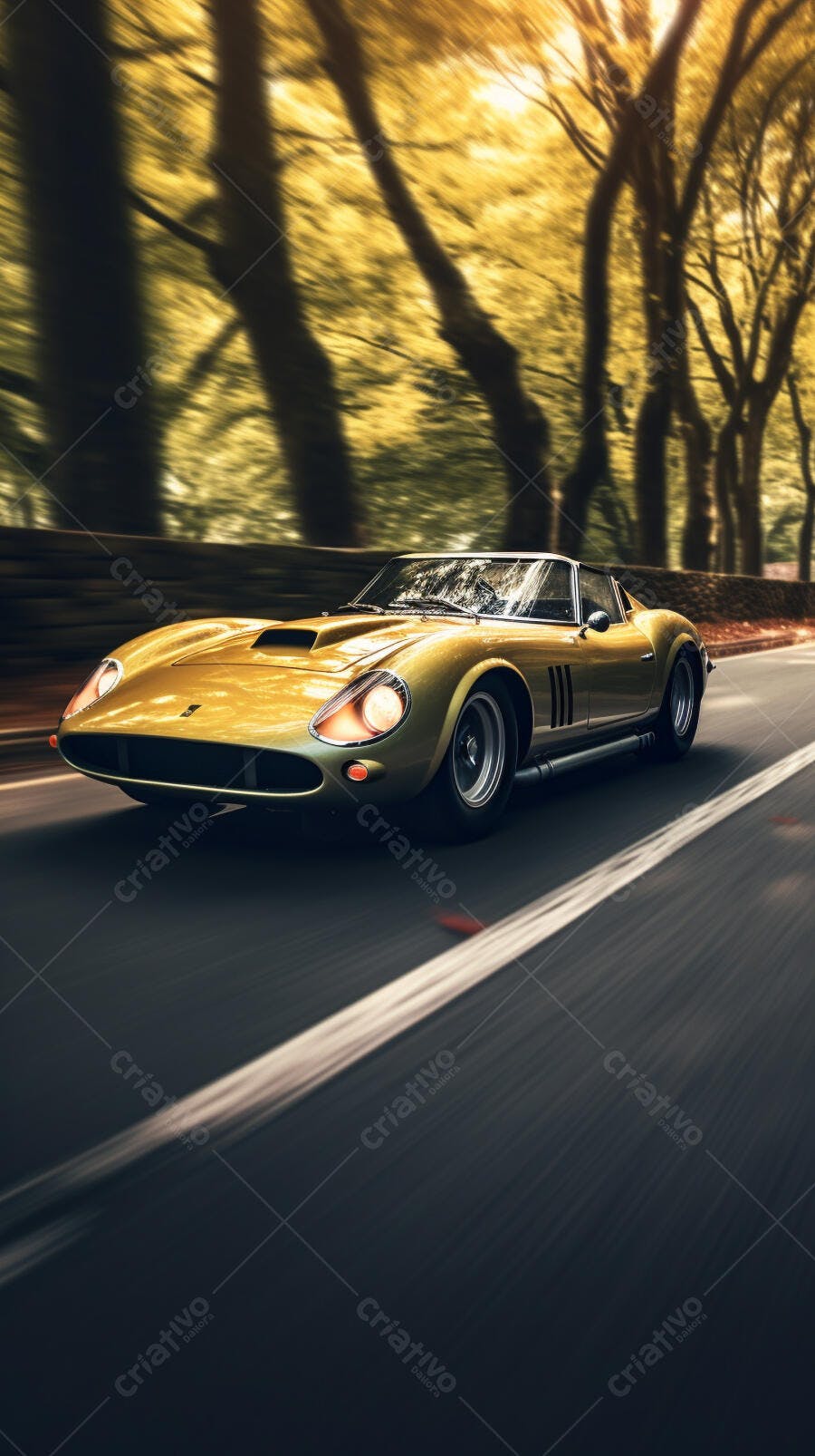 Ferrari dourada em estrada arborizada
