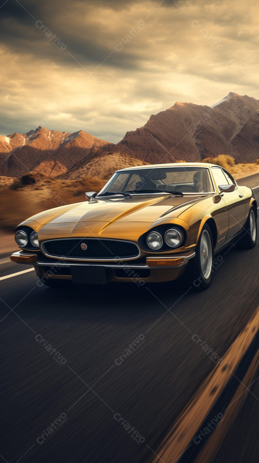Carro dourado clássico em estrada montanhosa