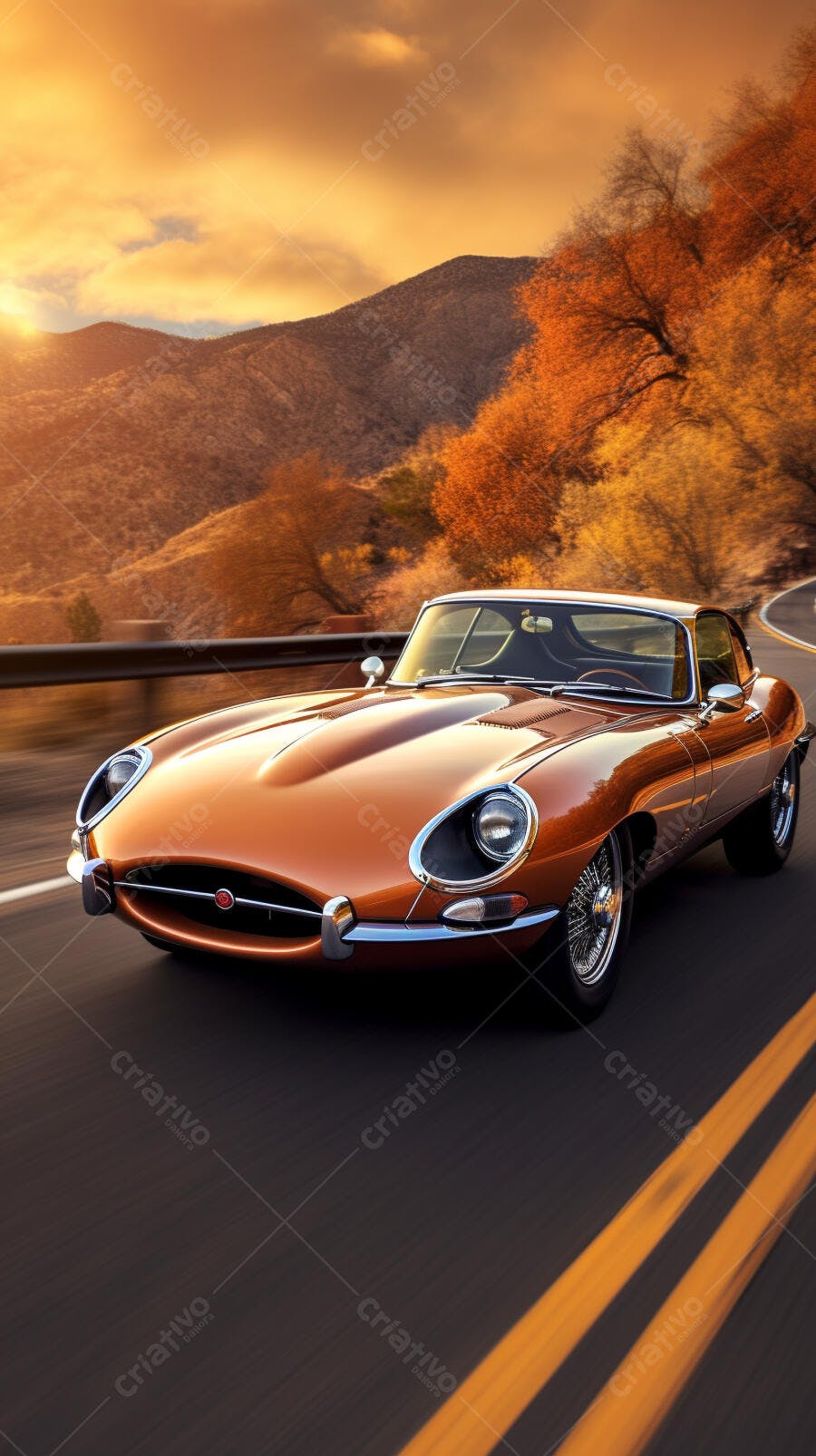 Jaguar E-Type clássico em estrada montanhosa ao entardecer