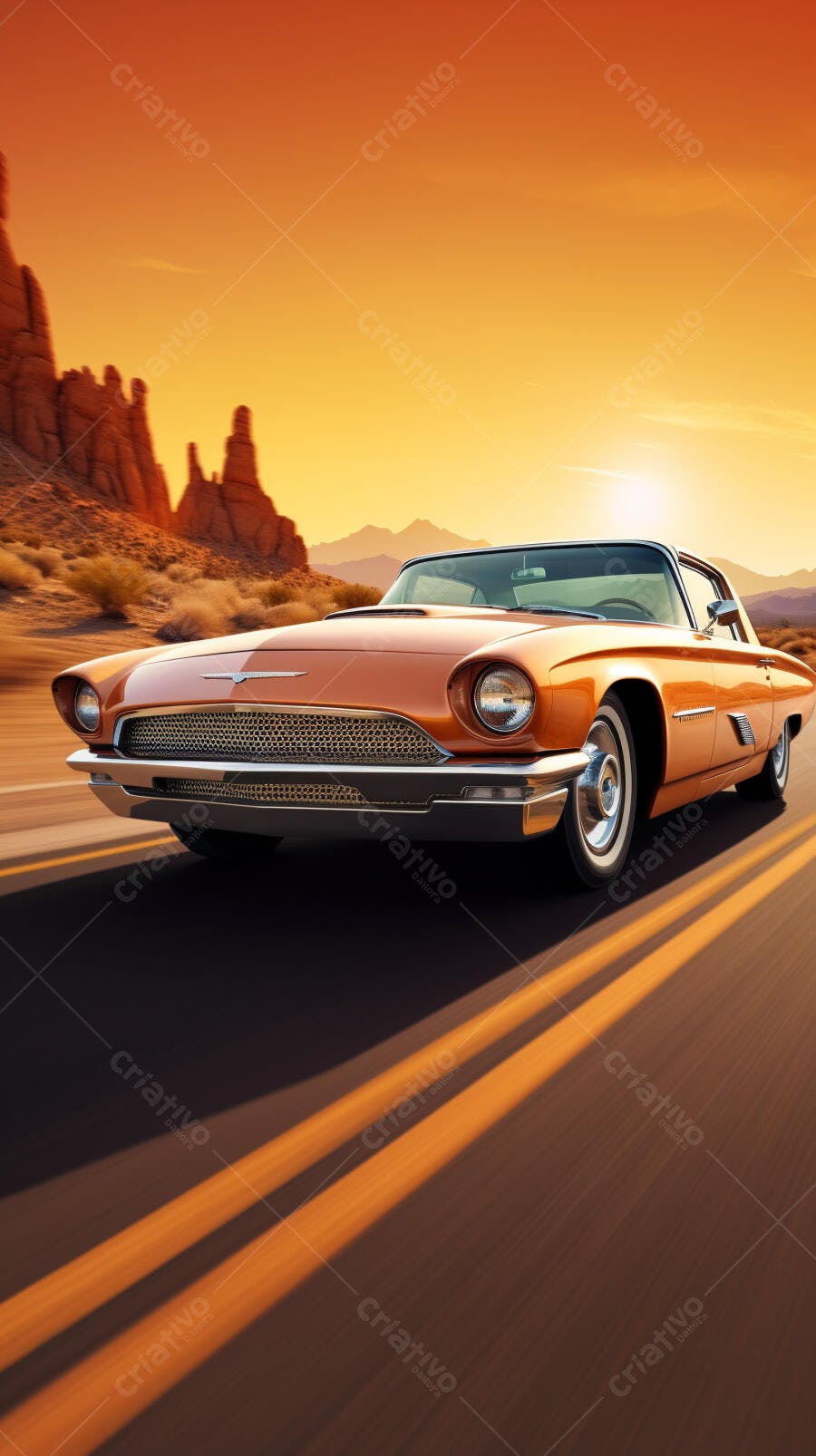 Ford Thunderbird laranja no deserto ao pôr do sol