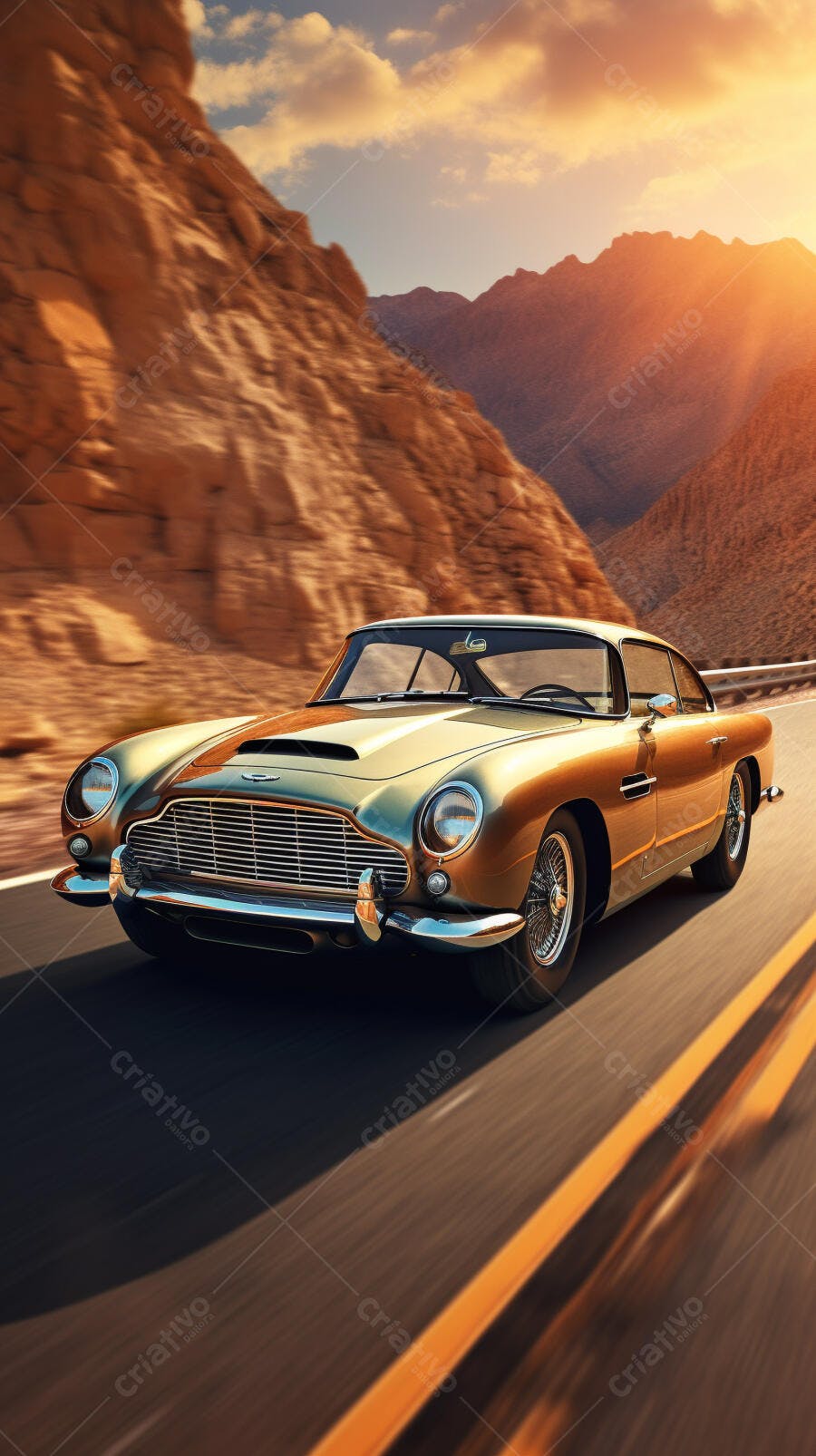 Aston Martin DB5 clássico em estrada desértica