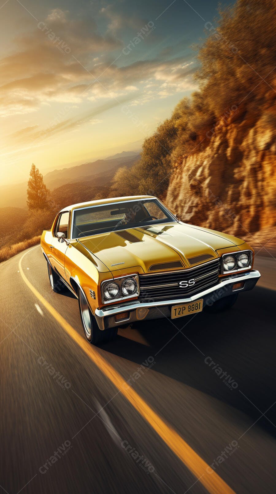 Chevrolet SS amarelo em estrada de montanha ao pôr do sol