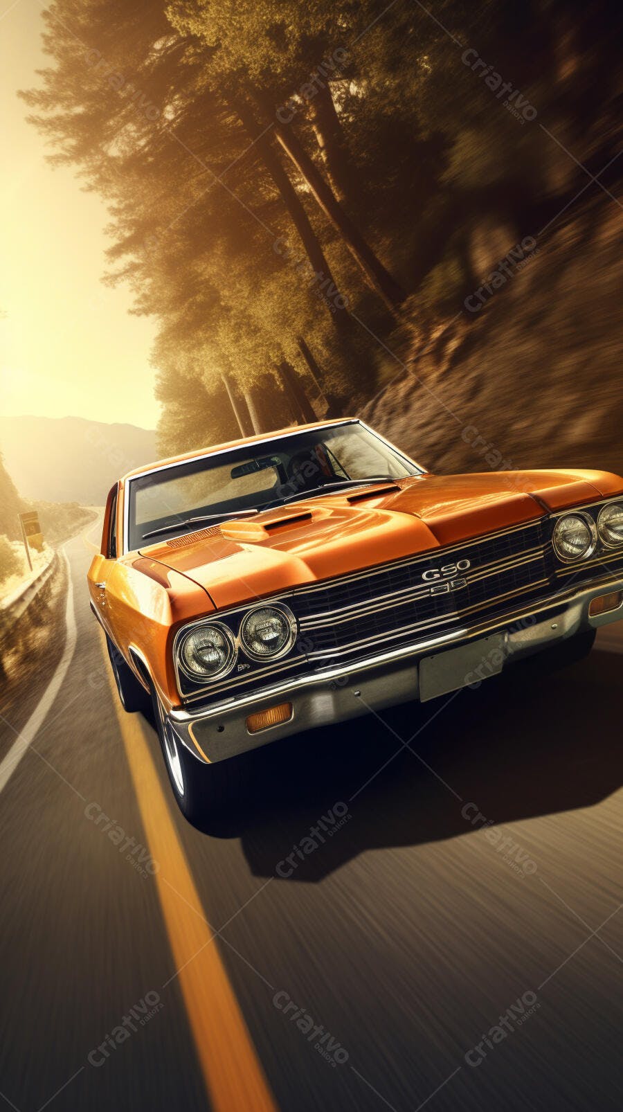 Muscle Car Laranja em Estrada de Mata