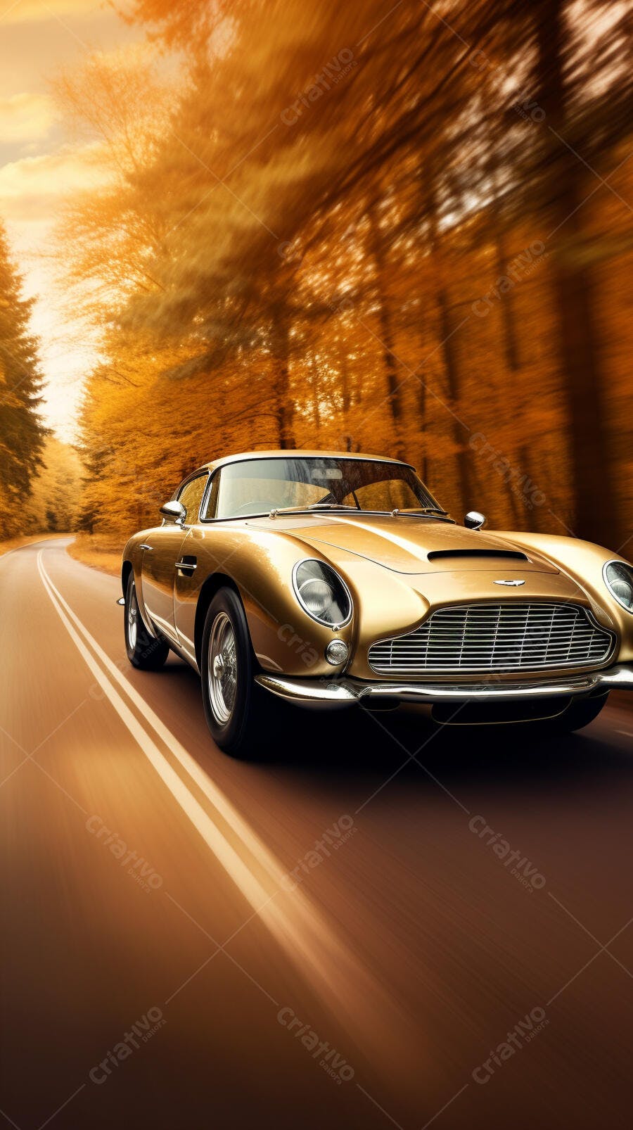 Aston Martin DB5 dourada em estrada de outono
