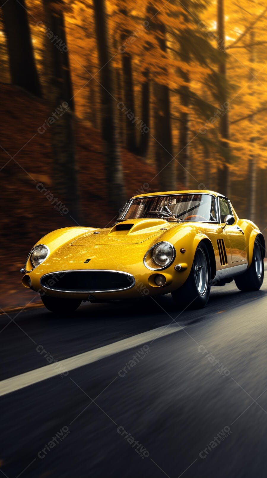 Ferrari amarela em estrada de outono