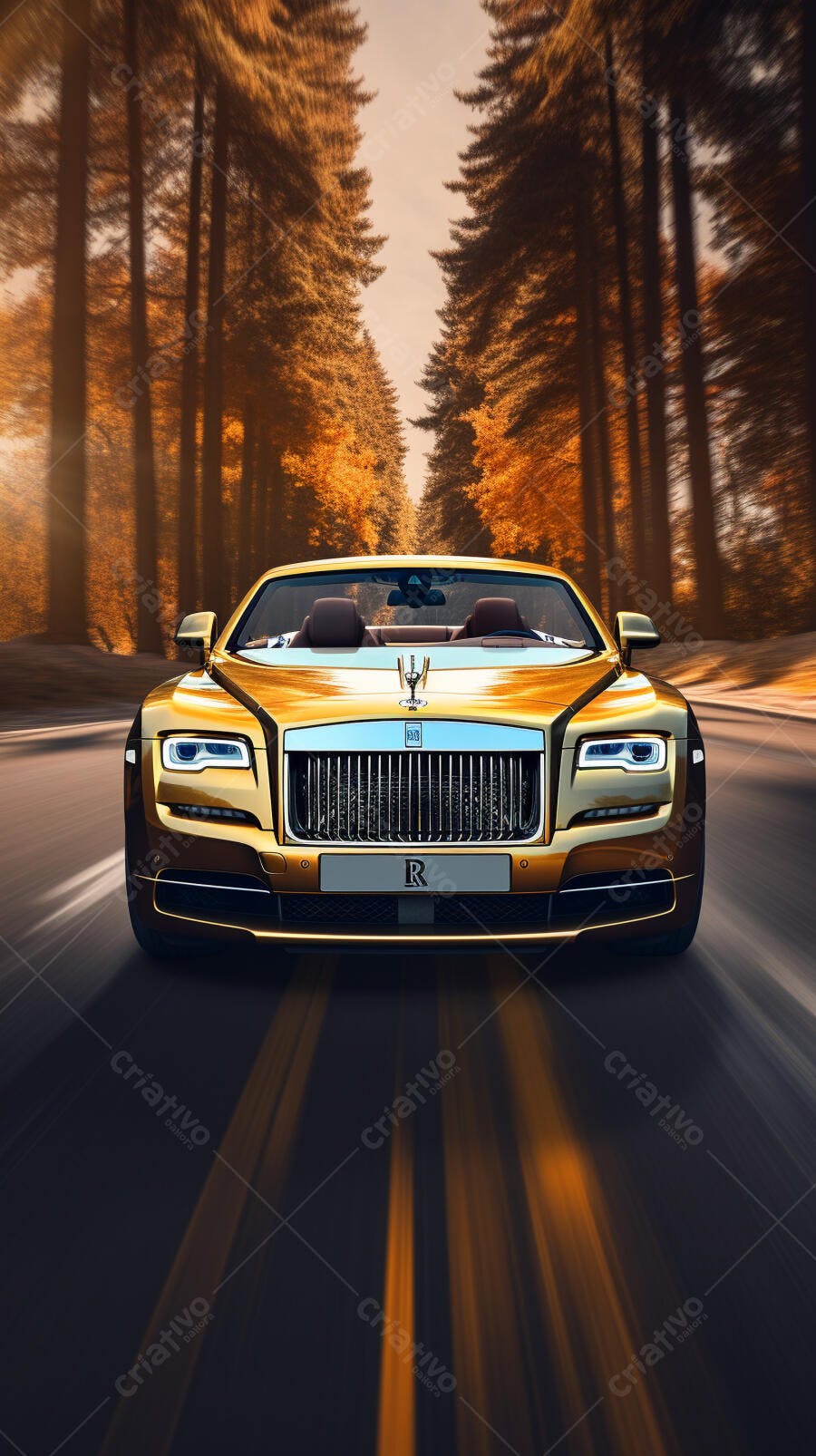 Rolls Royce dourado em estrada de outono
