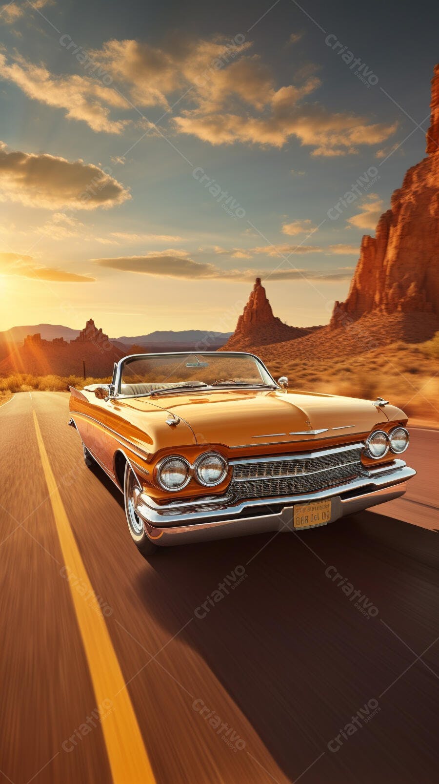 Carro antigo na estrada ao pôr do sol