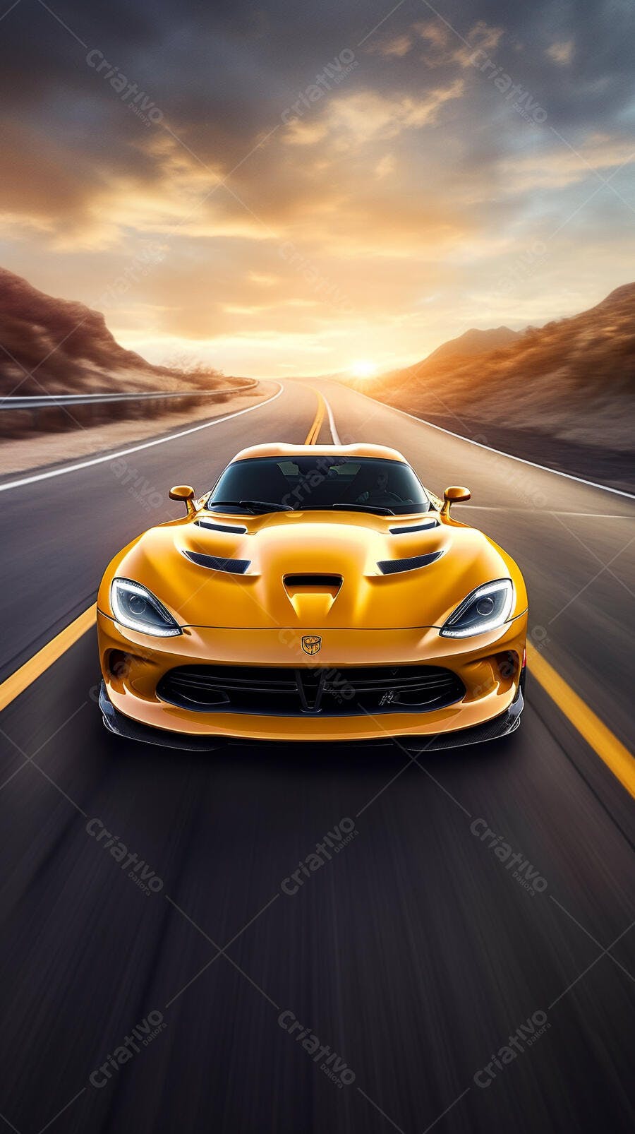 Dodge Viper amarela em estrada ao pôr do sol