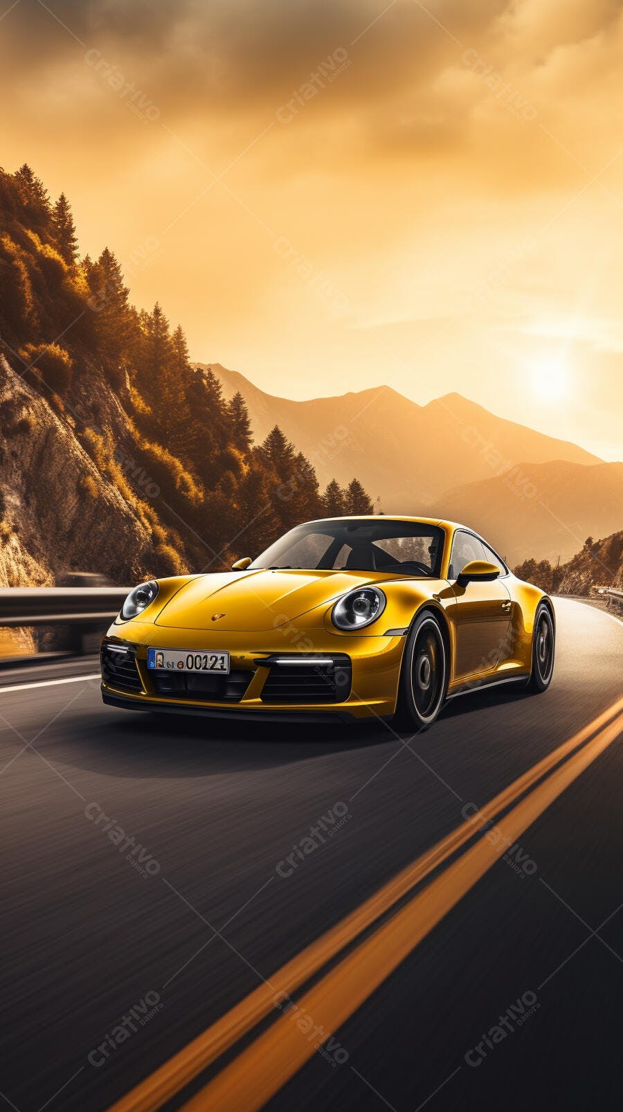 Porsche 911 dourada em estrada montanhosa ao pôr do sol