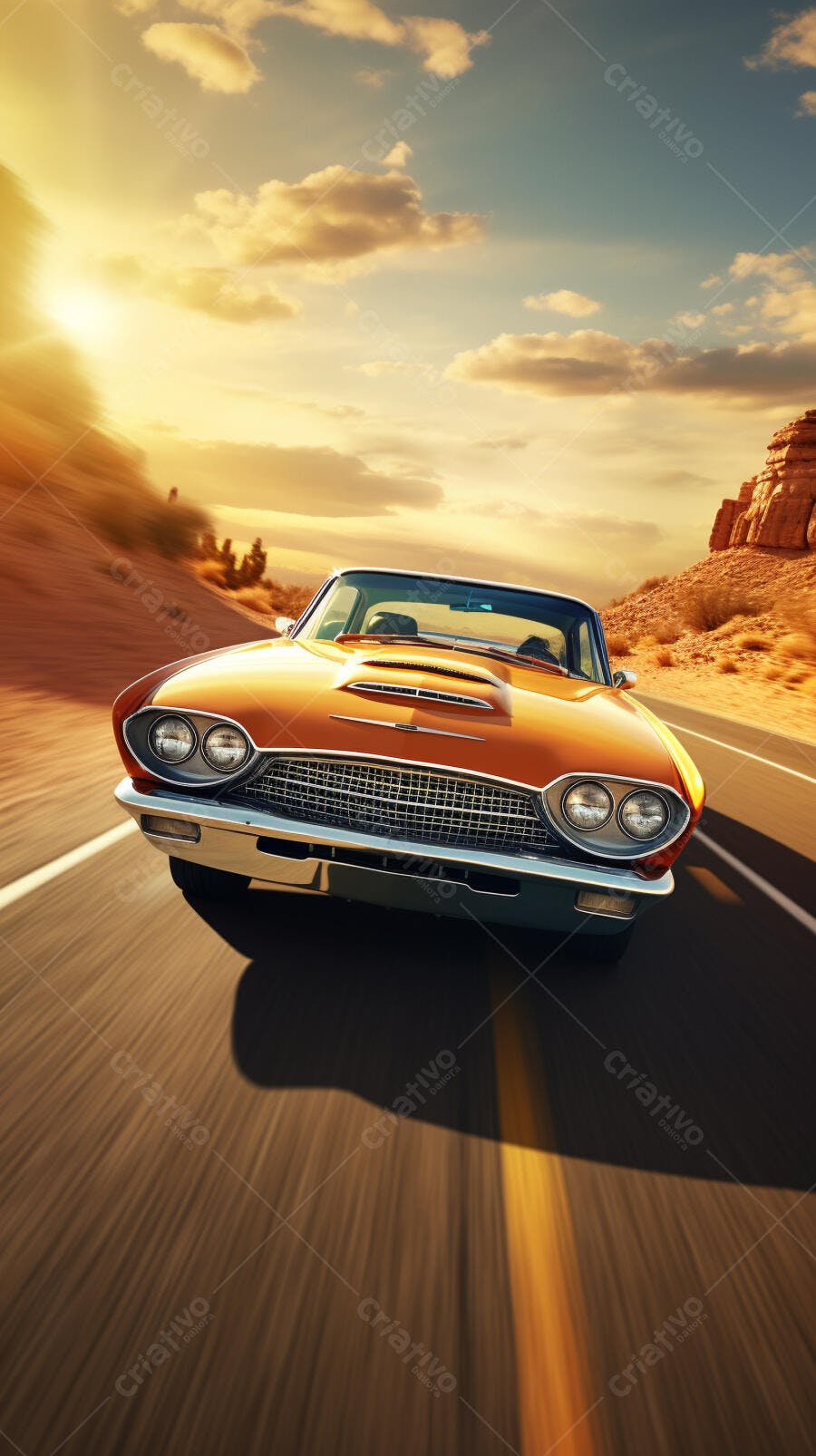 Muscle Car Laranja no Deserto ao Pôr do Sol