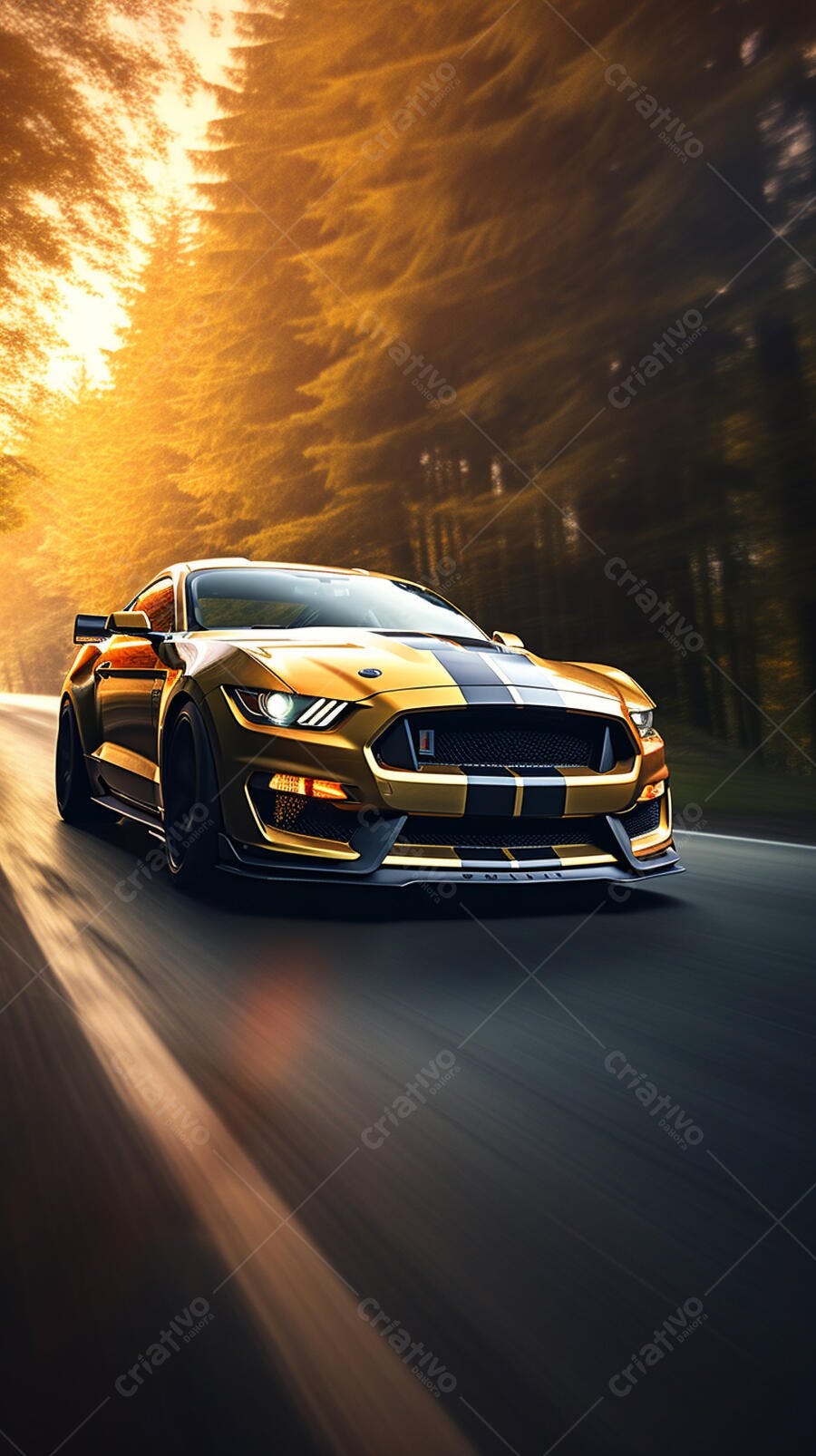 Mustang Dourado em Estrada Florestal