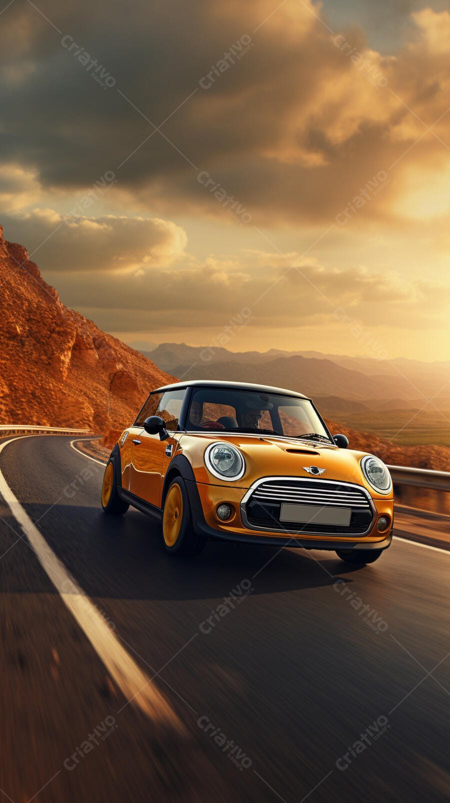Mini Cooper amarelo em estrada montanhosa ao pôr do sol