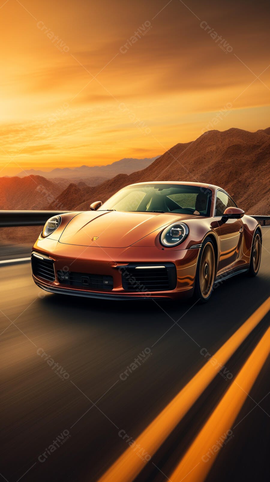 Porsche 911 marrom em estrada desértica ao pôr do sol