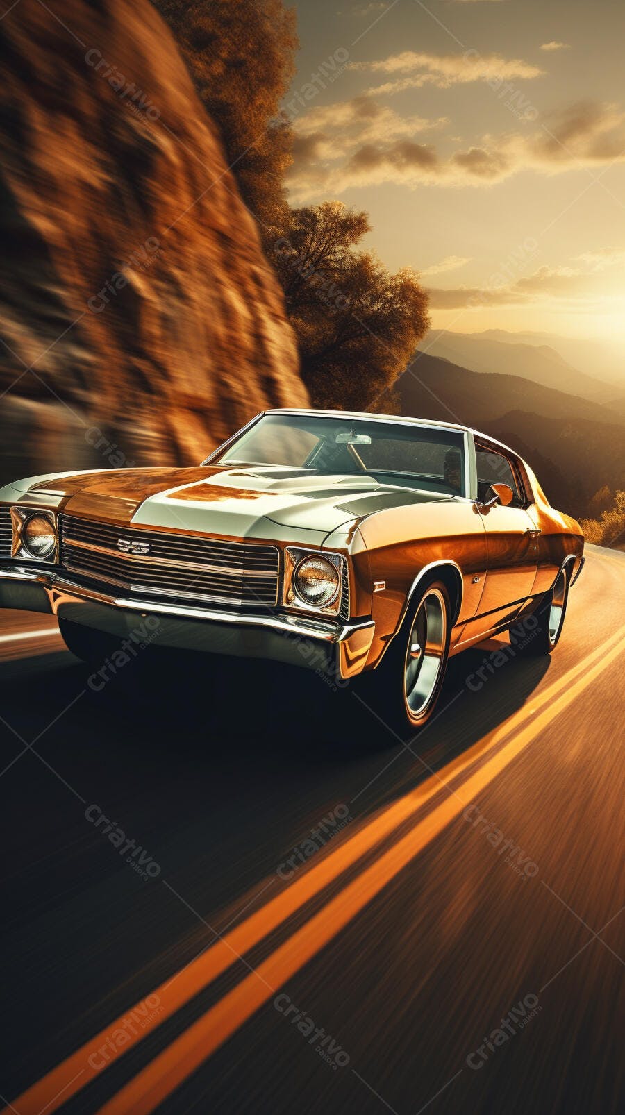 Muscle Car dourado em estrada de montanha ao pôr do sol
